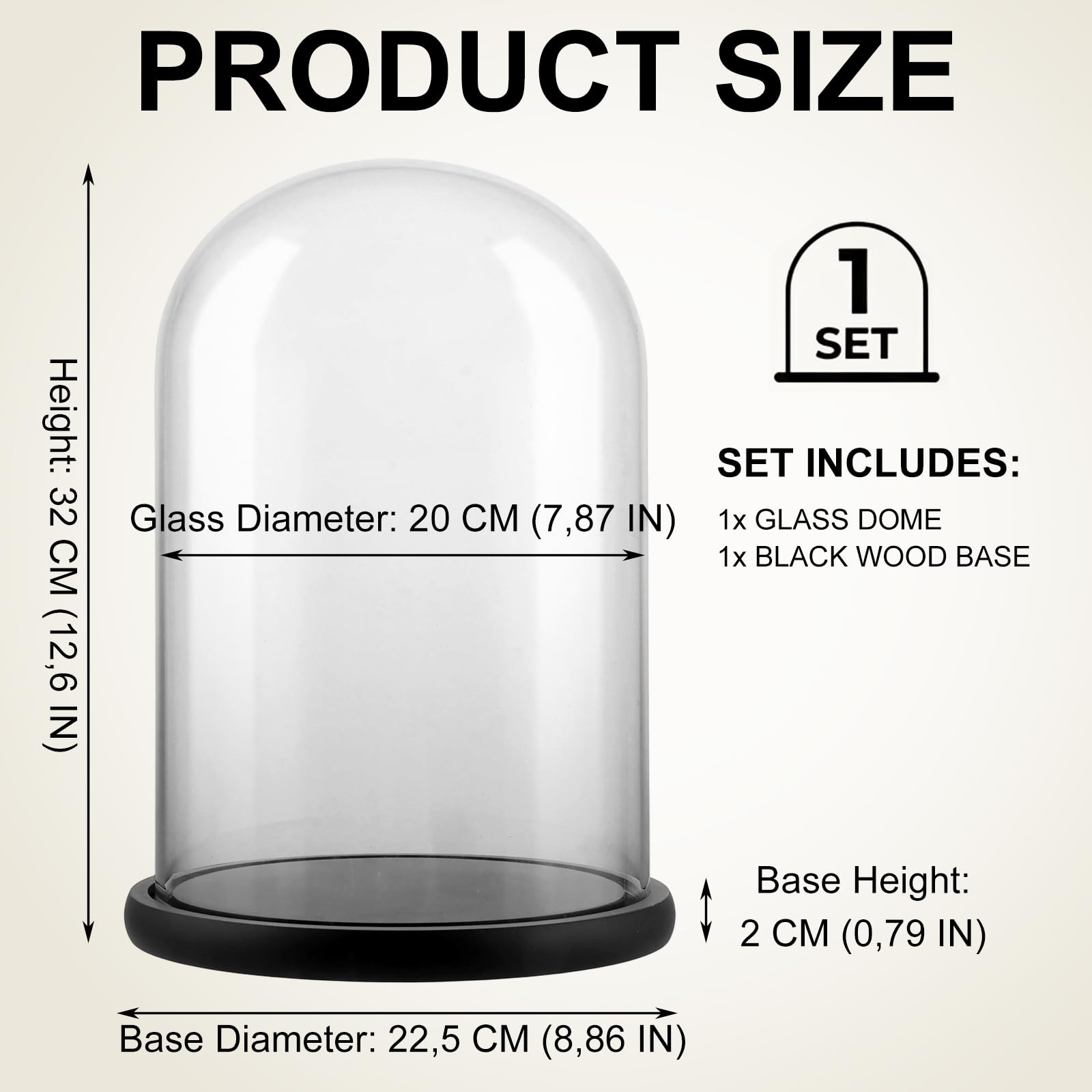 AKOLAFE Campana de cristal con base de madera, 20 x 30 cm, cúpula decorativa de cristal, cúpula decorativa de cristal, campana de cristal de 30 cm de alto, campana de cristal con base para