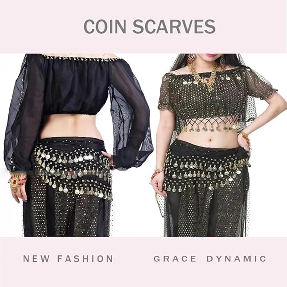 Women Belts Belly Dance HipScarf with Coins 128 Gold Coins