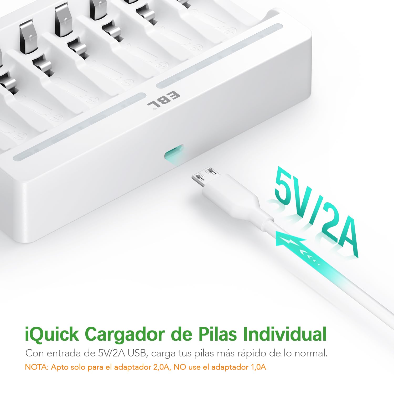 EBL 9010 Cargador de 8 Ranuras Individuales, Cargador de Pilas AA AAA NiMH Carga Rápido con Puerto USB