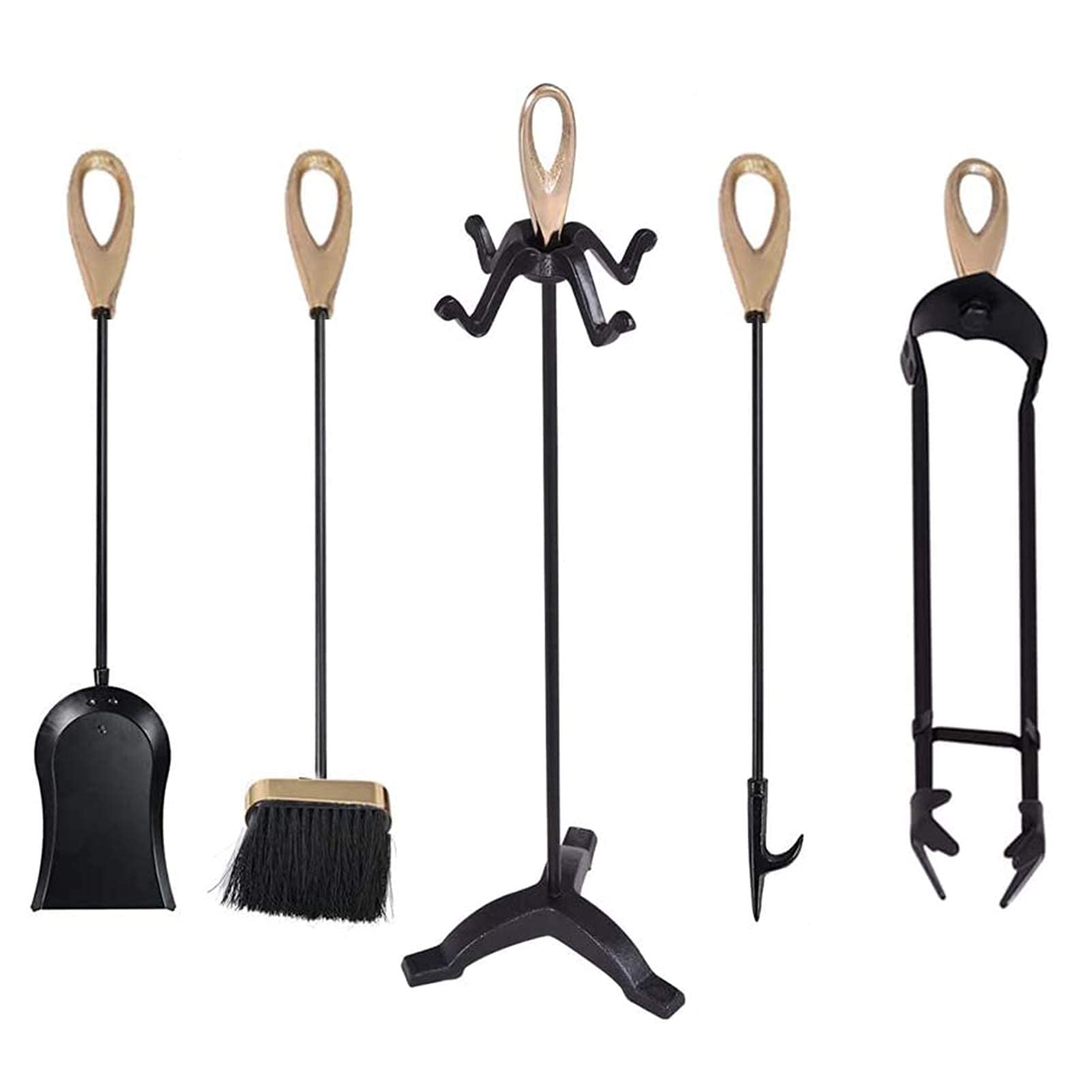 5-teiliges Feuerwerkzeug-Set, Schmiedeeiserner Kamin-Besitzer, Schürhaken, Schaufel und Zange, 64 cm Höhe