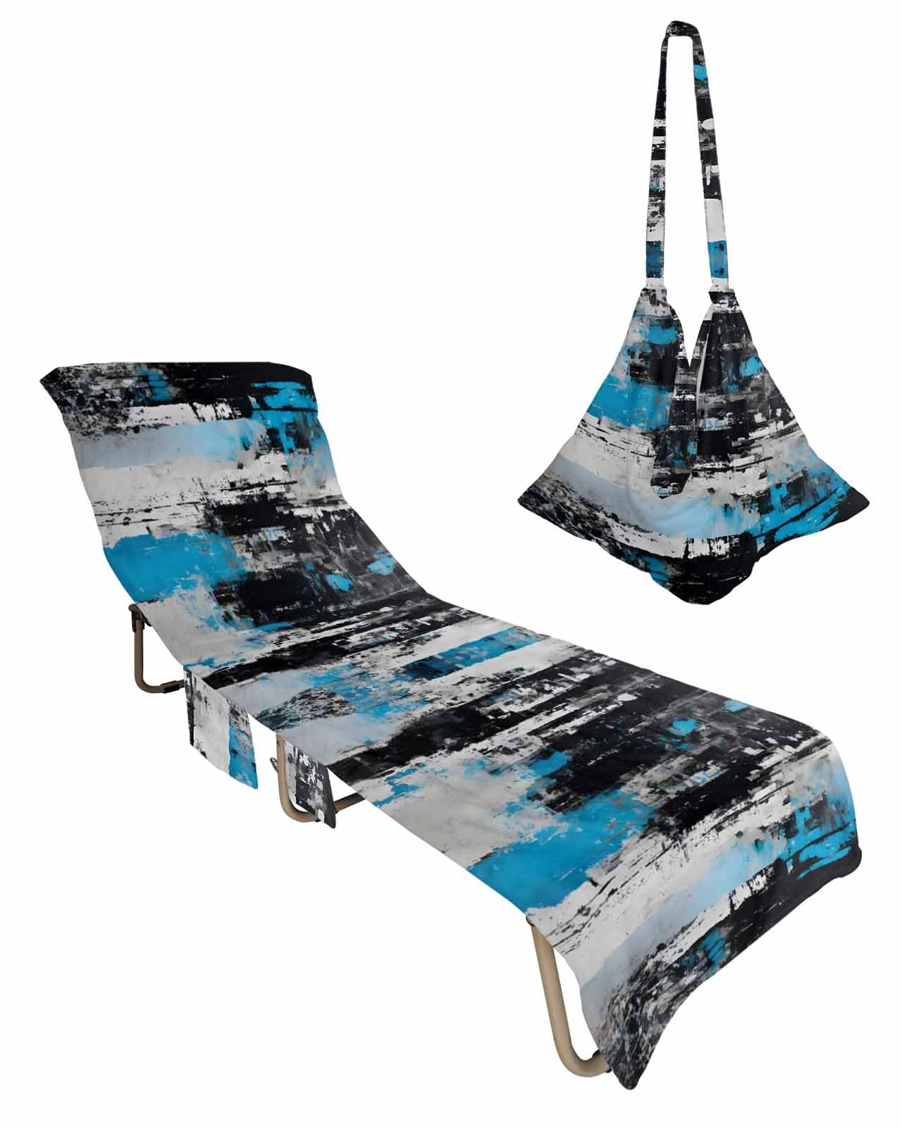 Black Blue Beach Lounge Chair Towel Cover, Soft Chaise Lounge Towel with Side Pockets Patio Pool Chairs Cover for Beach/Pool Sunbathing 29x85 Modern Vintage Abstract Painting Smear Art