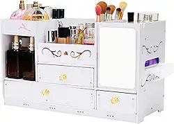 Organizador de maquiagem de madeira para penteadeira – Organizador de bancada branco grande com espelho, 3 gavetas e porta-pincéis | Organizador de mesa de armazenamento de cosméticos e