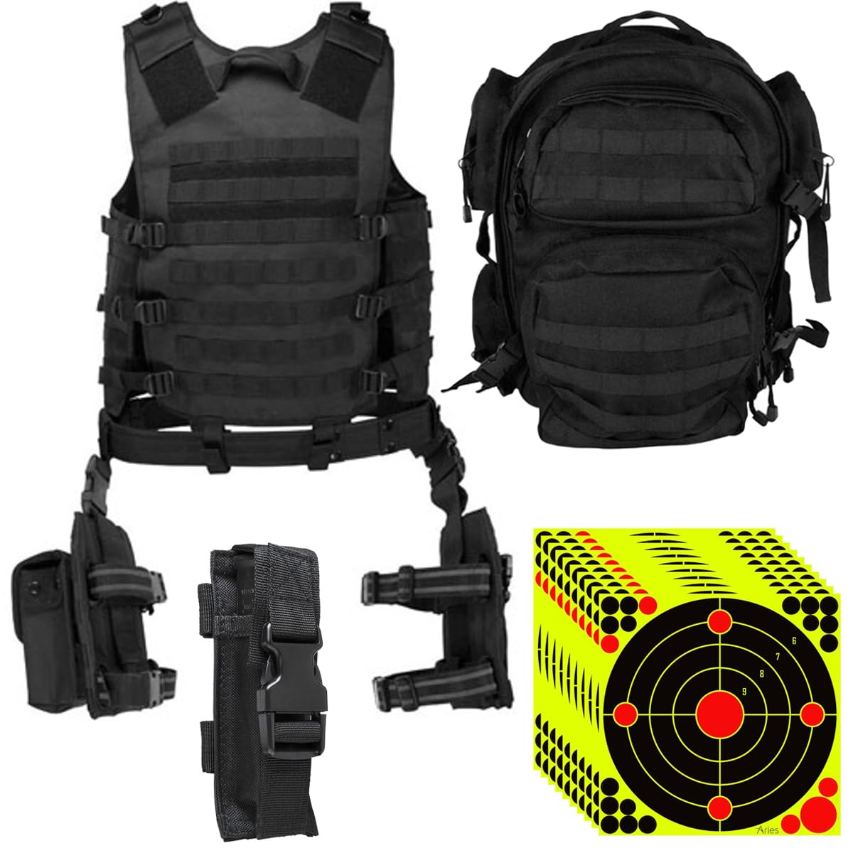 BARSKA Loaded Gear VX-100 Tactical Vest & Leg Platform, One Size, Bundle with Vism Tactical Back Pack, Vism Single Pistol Magazine Pouch, 10x 12x12 Splatter Bullseye Shooting Target Stickers