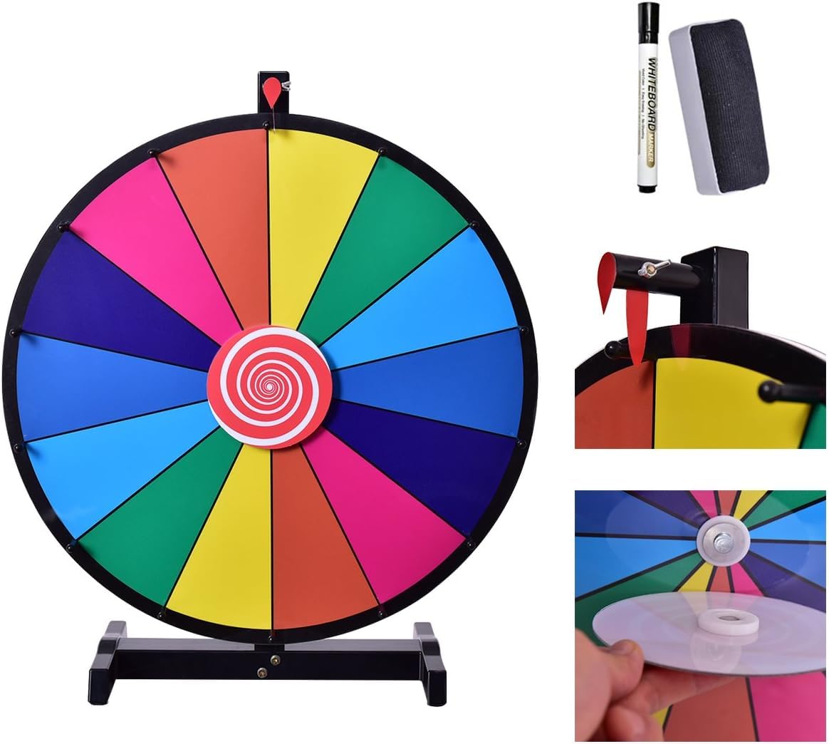 GOPLUS Rueda de la fortuna de 24 pulgadas, rueda de premios para juegos de lotería y juegos de palabras con rotulador y borrador, juego de mesa para carnaval, fiestas y ferias, rueda giratoria reutili