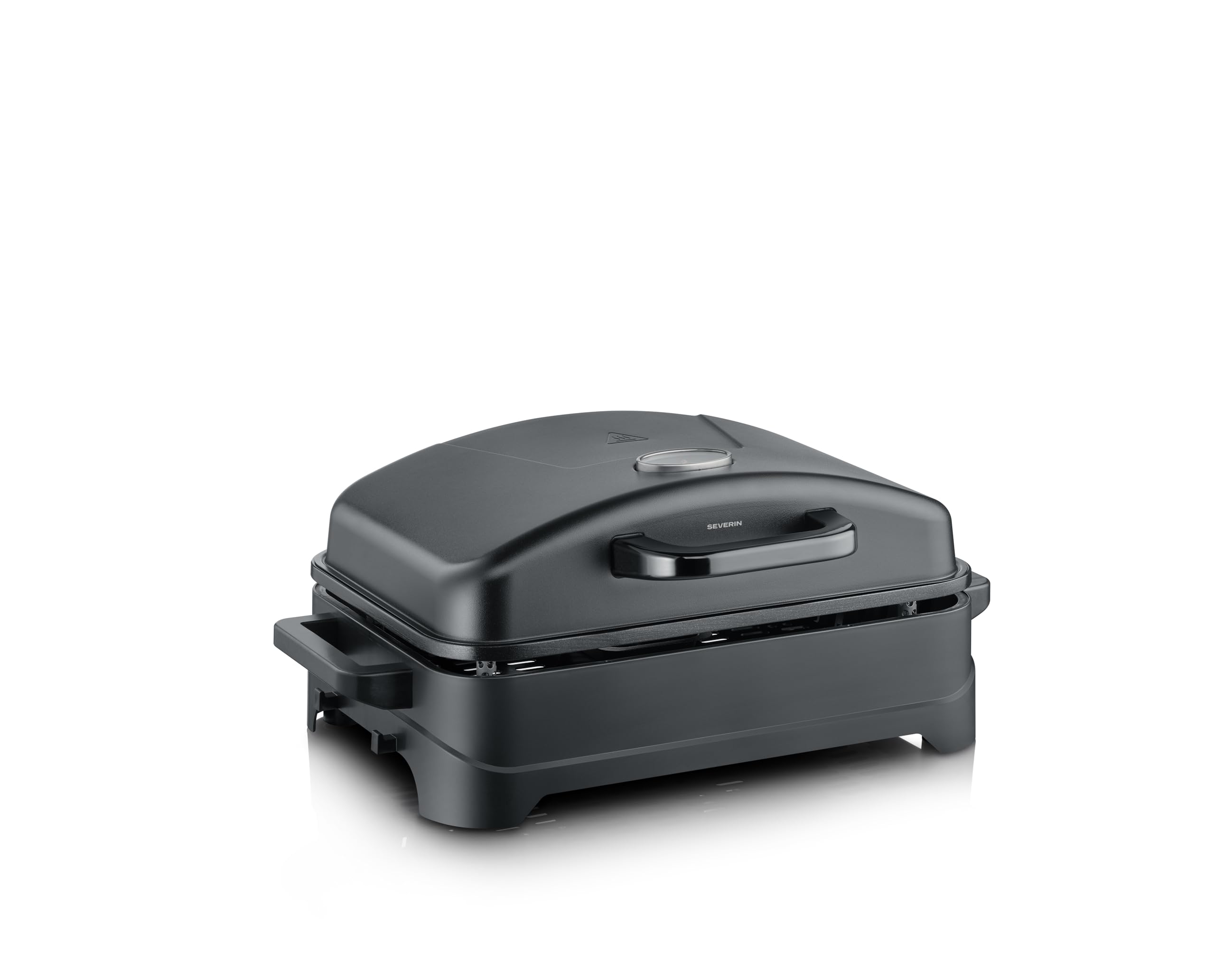 Severin Barbacoa eléctrica con tapa abatible, 2300 W, máx. 230 °C, tiempo de calentamiento de 10 min, revestimiento cerámico, termómetro, superficie de cocción de 45 x 30 cm, negro mate, PG 8597