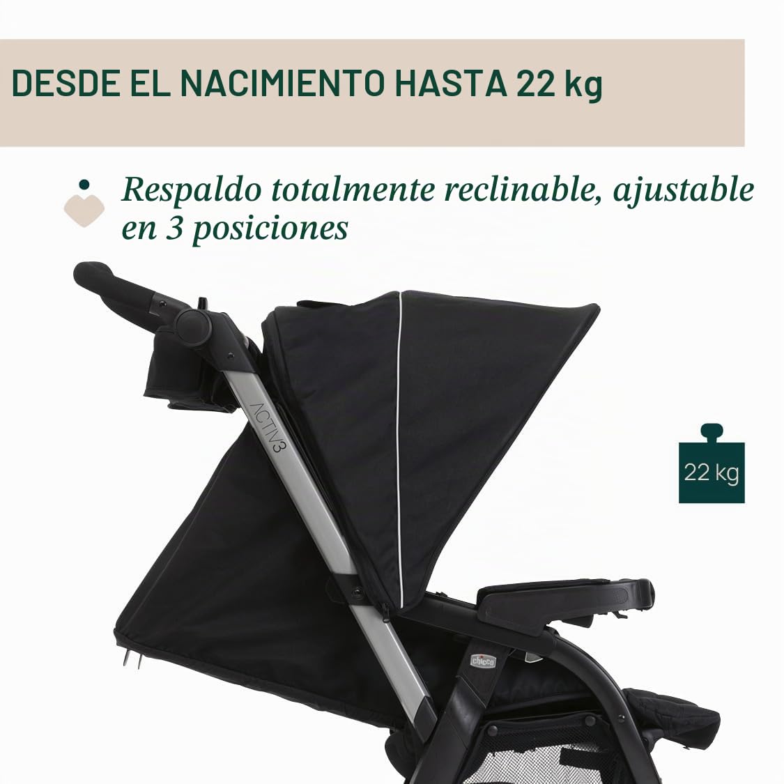 Cochecito Activ3 de 3 ruedas, funcional y fácil de maniobrar en cualquier terreno, asiento espacioso, respaldo reclinable, práctico cierre rápido, amortiguadores ajustables, 0 meses+, Ebony