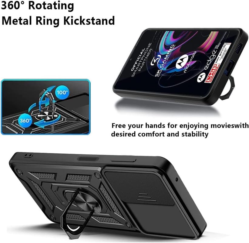Image of SkyTree Motorola Edge 20 Pro, Robotic Sliding Camera Window Shock Proof Thunder Case, Dual Layer Hybrid Shockproof Back Cover Case with Kickstand for Motorola Edge 20 Pro - Black