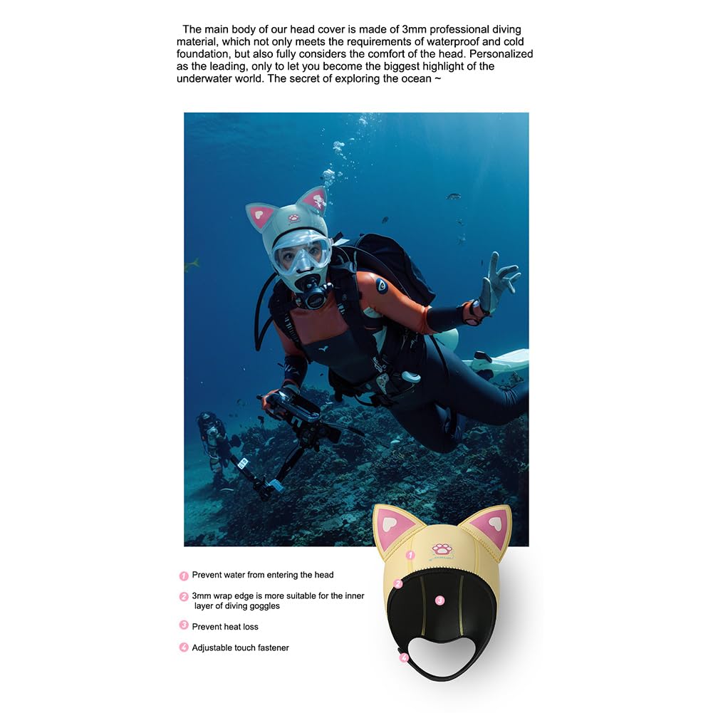 Neoprenanzug-Kapuze, niedliche Katzenohren, Tauchhaube, 3 mm, Thermo-Neopren, Tauchhaube, Neoprenanzug, Mütze, Badekappe mit Kinnriemen zum Schnorcheln, Schwimmen, Wassersport