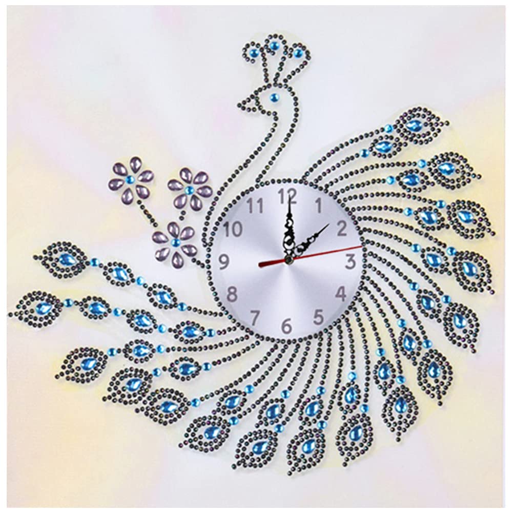 DIY Wall Clock 5D Diamond Painting Kits Special Shaped Partial Drill Rhinestone Diamond Painting by Number Mosaic Art Crafts Home Wall Decor (Peacock 20)