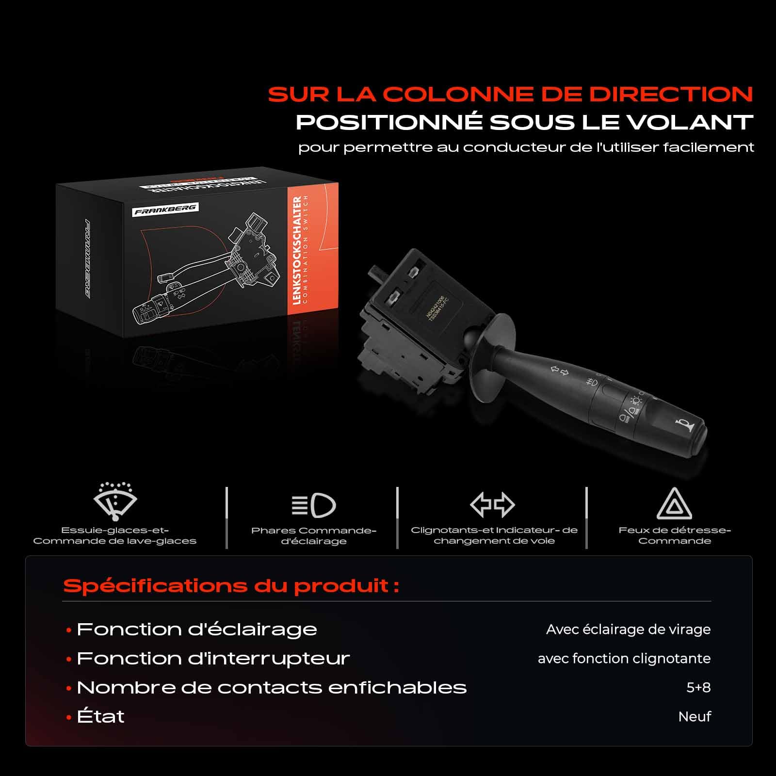 Frankberg Commutateur de colonne de direction, commutateur de clignotant | Compatible avec: Berlingo/Berlingo Premier monospace GFK GJK MF, 306 7B N3 N5, Fourgonnette Saxo à hayon S3