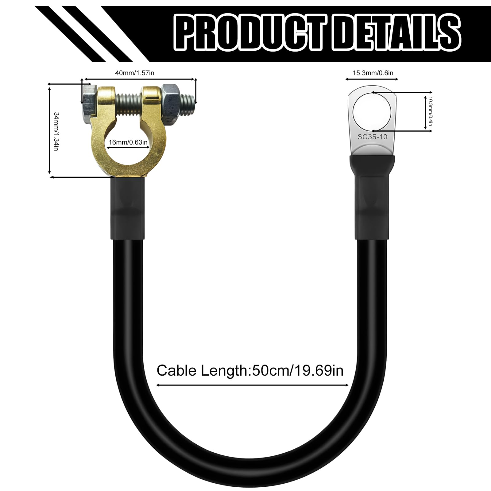 2 Pièces Câble De Batterie avec Cosse: Cable Batterie Voiture, 16mm², 50cm, Câbles De Connexion De Batteries pour Moto, Camion, Solaire, Camping-Car, Marine (Rouge, Noir)