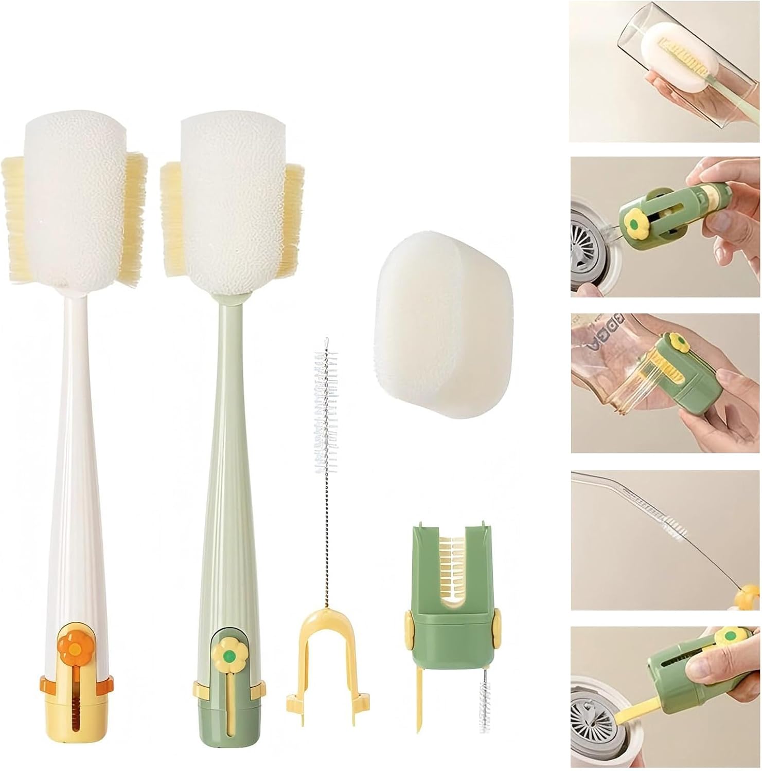 5-in-1 Multifunctional Cleaning Brush, 5 in 1 Bottle Cleaning Brush Set, Straw, Lid, Gap & Cup Brushes for Travel and Home Use (Yellow + Green)