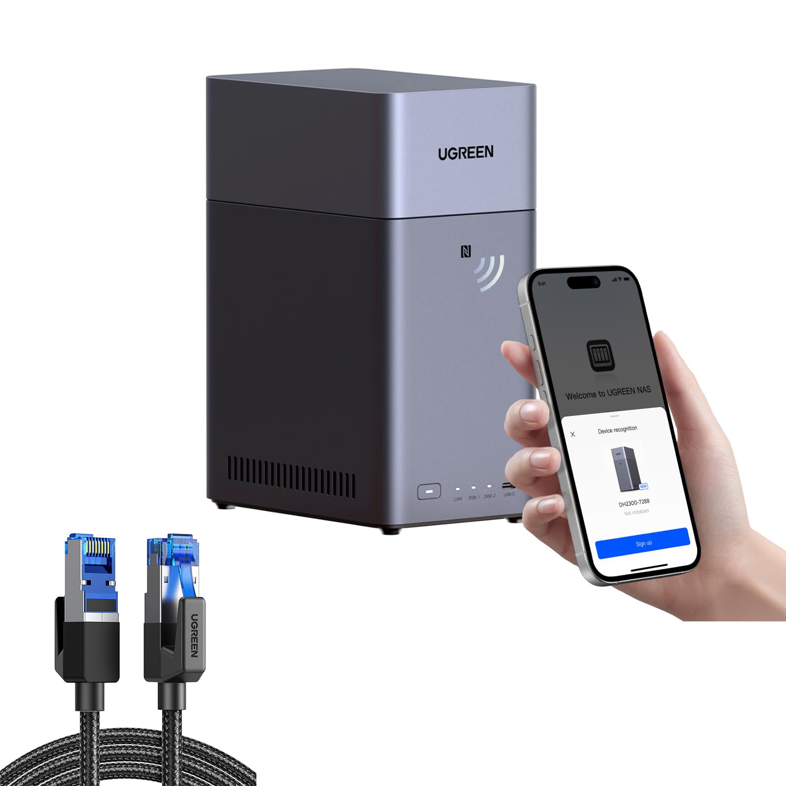 UGREEN NAS DH2300 2-Bay Desktop NAS (Diskless) Bundle with Cat 8 Ethernet Cable 3FT, High Speed Braided 40Gbps 2000Mhz Network Cord Cat8 RJ45