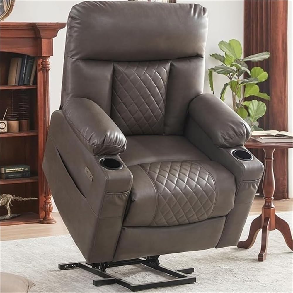 Heavy Duty Electric Lift Recliner Chair for Seniors with Heated Vibration Massage USB Port Side Pockets Cup Holders Comfortable Living Room