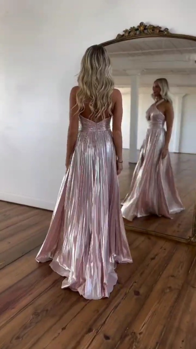 knee length dresses for ladies Sherri Hill Pleated Metallic Prom Dress 56532 main image 1