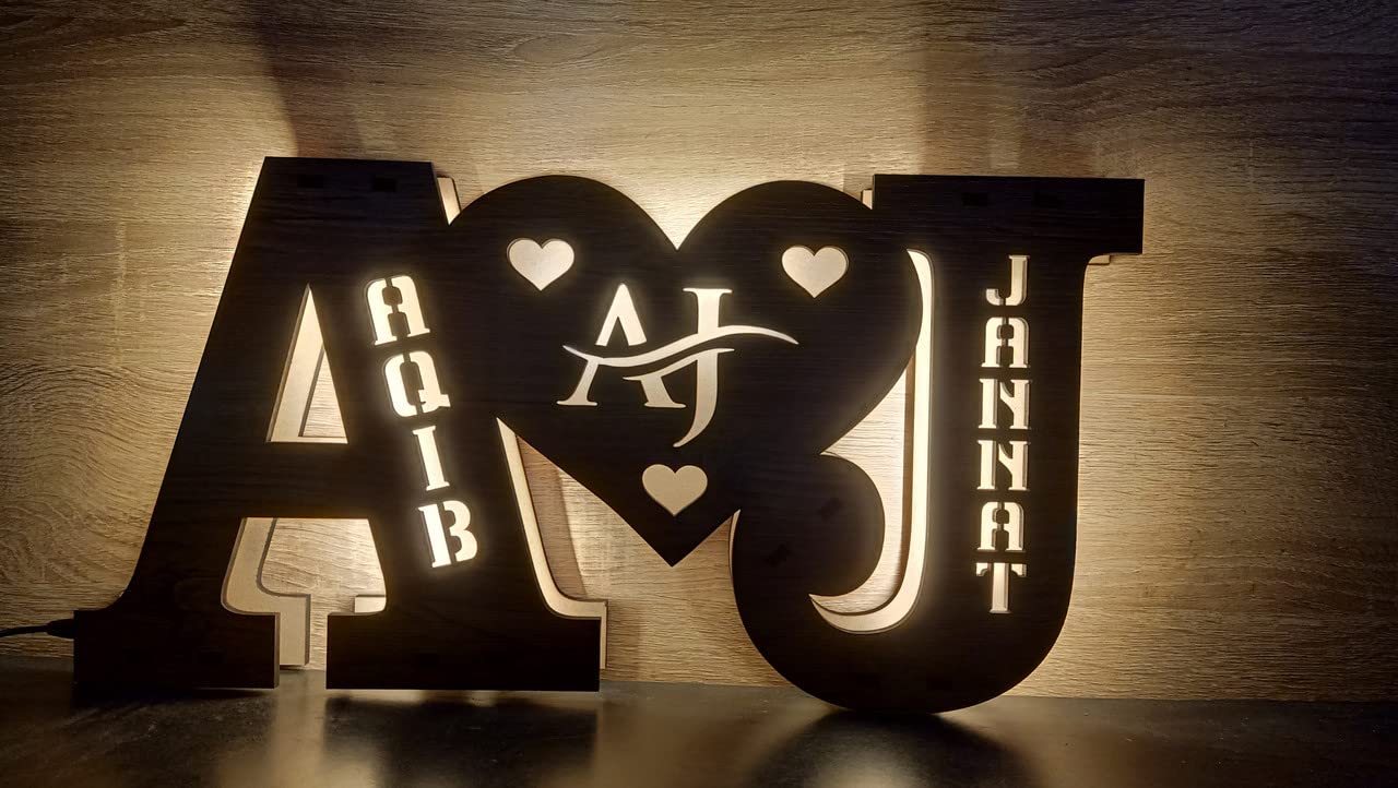 CRAFTY ADDA Craftyadda® Cutomized Wooden Couple Alphabet Led Lamp can personalized with any name and alphabate (AJ)
