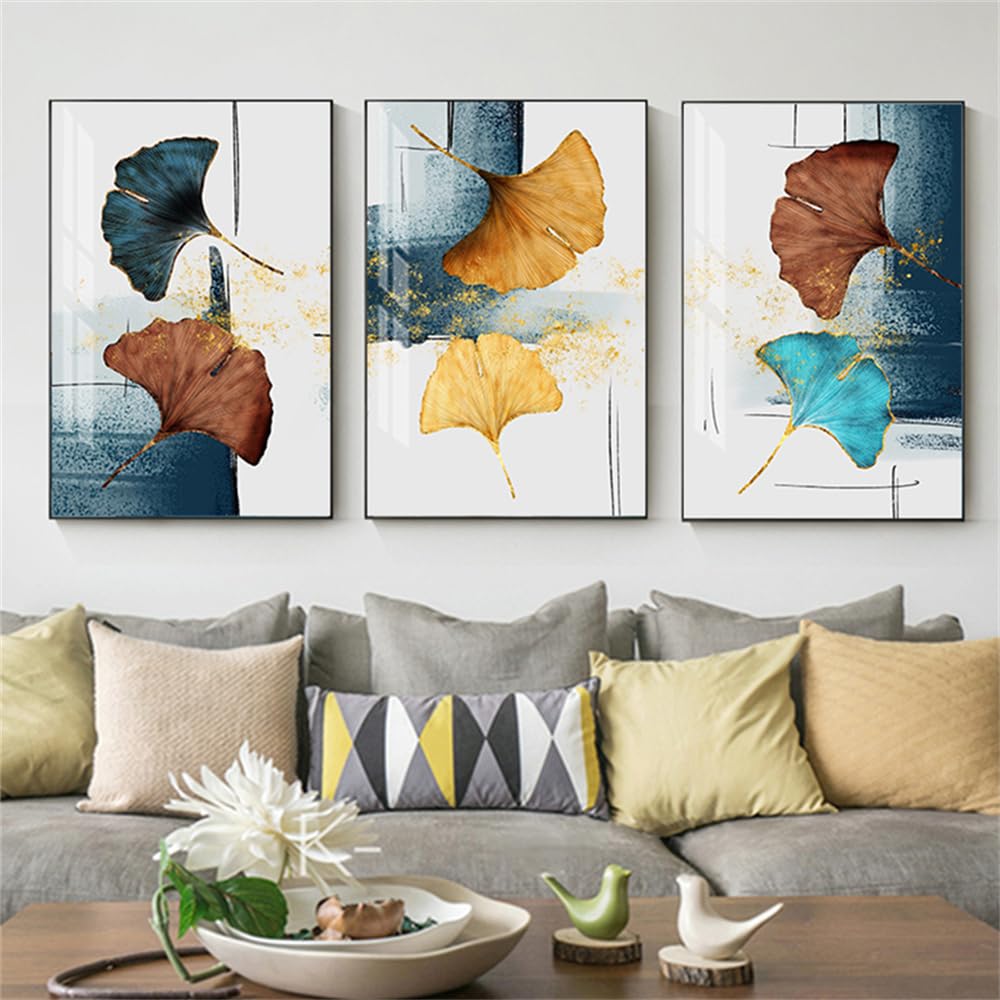 WBYZAC Art Prints-Abstract Yellow Ginkgo Canvas Painting Watercolor Blue Poster Brown Leaf Prints Modern Wall Art Pictrues for Kitchen Home Decor-50 * 60cm*3PCS (No Frame)