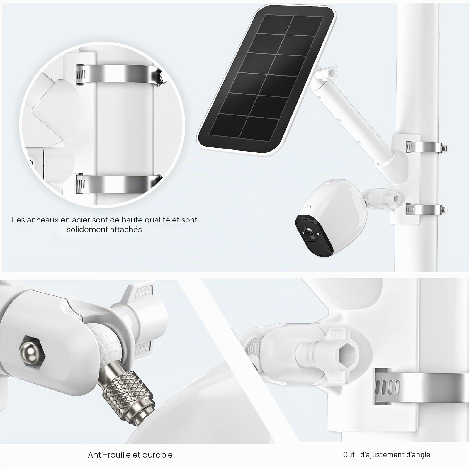 HOLACA Support de Mât 2 en 1 pour Panneau Solaire Arlo, Pro 3, Ultra1&2, Essential, Pro 4, eufyCam - Accessoire de Montage Extérieur (Blanc)