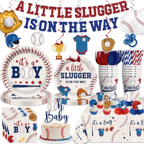 187 Pcs Baseball Baby Shower Decorations Little Slugger is on the Way Themed Baseball Banner It‘s a Boy Baseball Tableware Sports Baby Shower Themes for Boys Serves 25