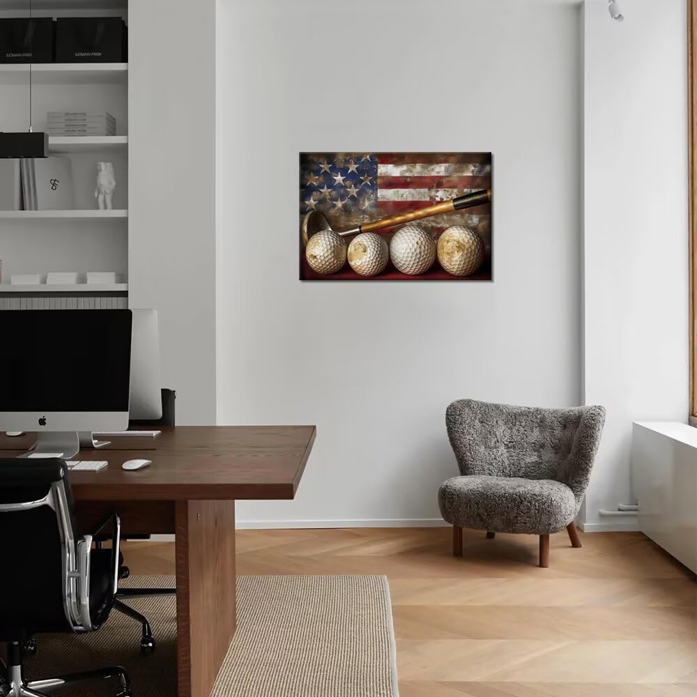 Golf Canvas Wall Art Vintage Golf Ball with American Flag Painting Artwork Leisure Sports Poster Golf Pictures for Living Room Office Club Home Decorations Framed Ready to Hang (24 x 36 inch) - Image 2