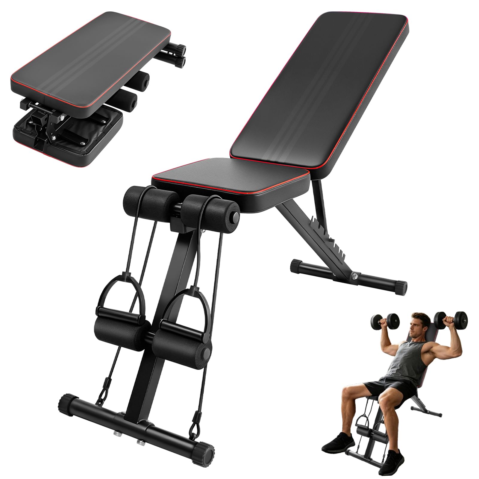 Adjustable Weight Bench 7 Position Incline Decline Flat Full Body Exercise Folding Fitness Workout Bench with Resistance Bands, Wide Seat, Foldable Strength Training Bench, Home Gym Chair Equipment