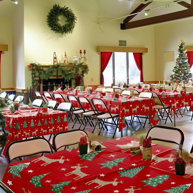 Image of Niuara Christmas Red Plastic Table Cloth - 4 Pack 54 inch x 108 inch Rectangle Disposable Tablecloths for 6FT Tables, Table Cover for Party, Holiday & Gathering Use