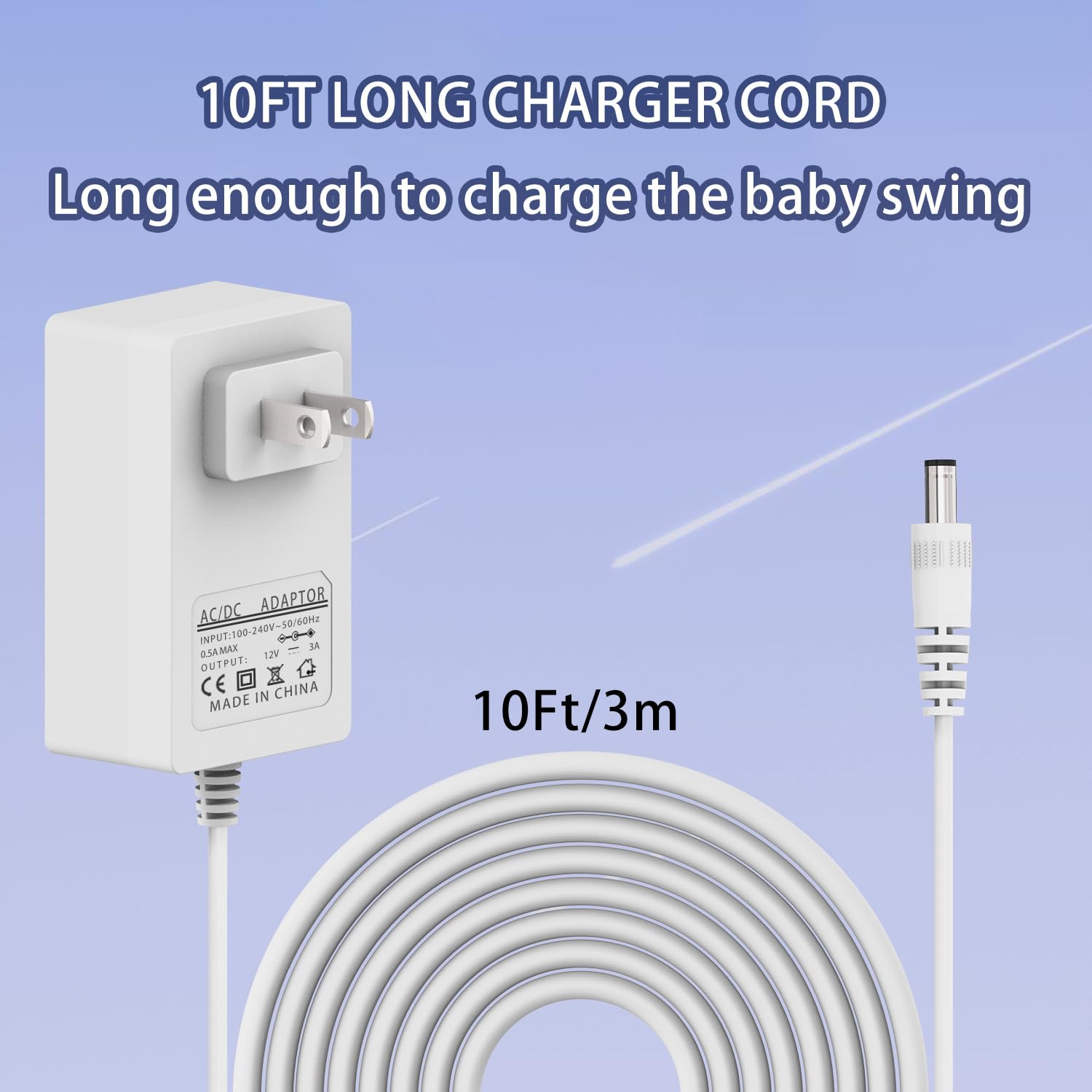 BOEEA 10 Ft Power Cord for 4moms mamaRoo 2/4, 12V 3A Adapter Charger Fit Rockaroo Baby Swing, White