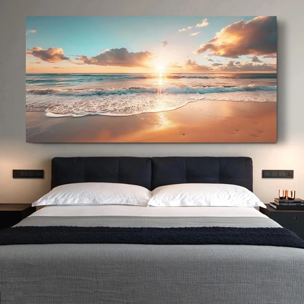 GKUVBF Affiche et impression sur toile représentant un paysage de plage au coucher du soleil avec des vagues côtières (30 x 60 cm/cadre intérieur)