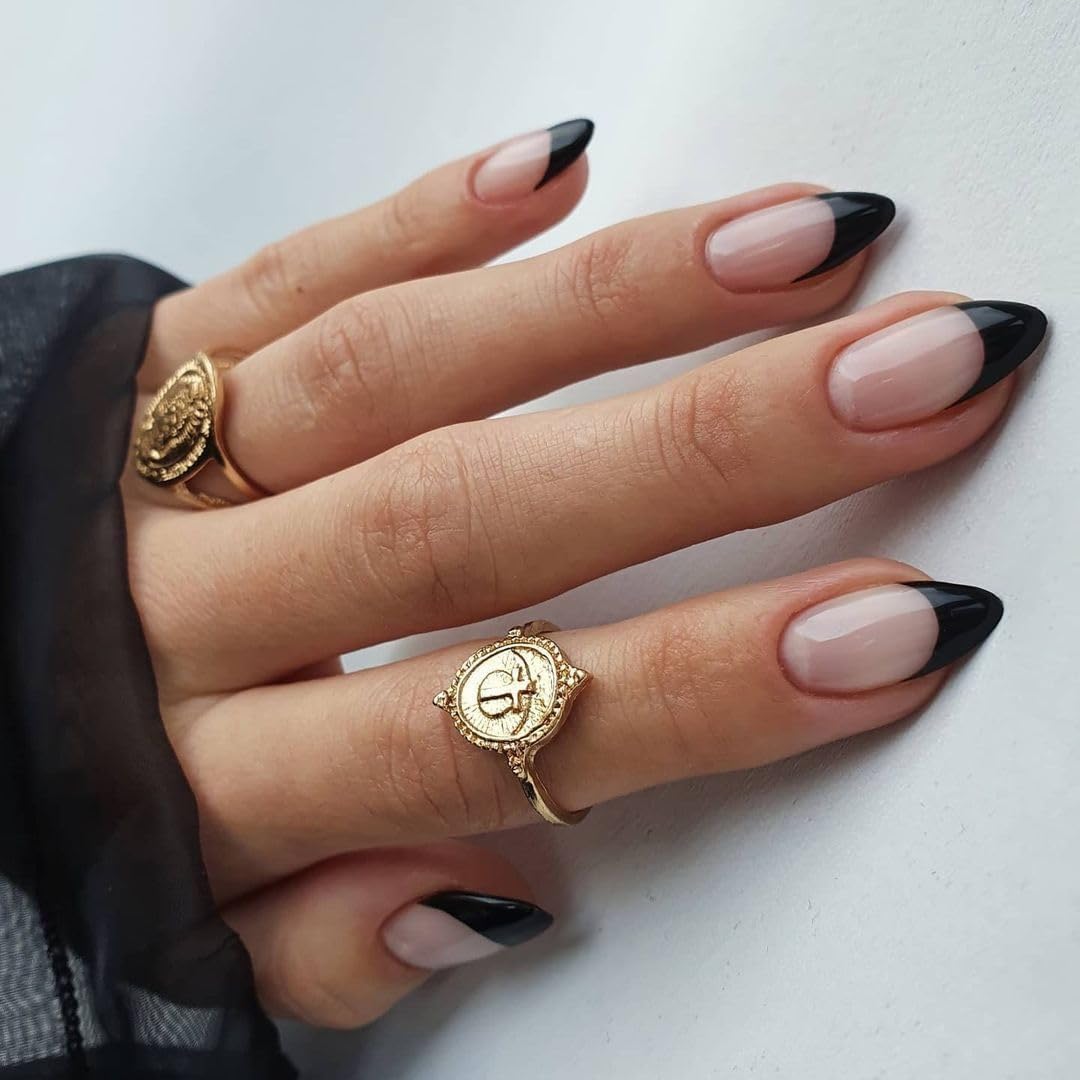 SXVME 30 Pcs Acrylic Press on Nails Short Almond, Black French Tip False Nails Short Pointed Stiletto - Image 4