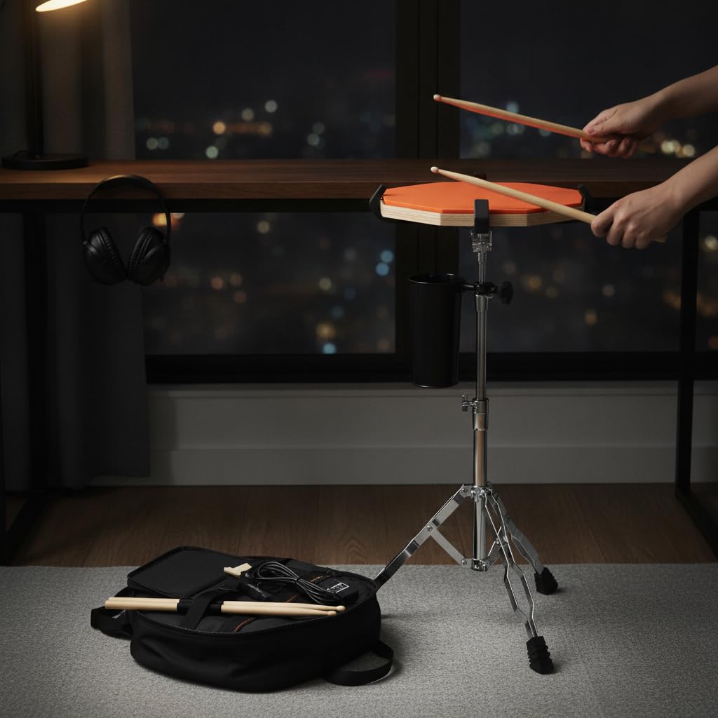 Caja Sorda para Percusión - Almohadilla Práctica Silenciosa con Baquetas y Soporte para Bateristas Principiantes - para Ensayos, Naranja