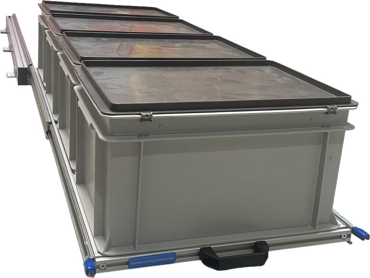 Plateau coulissant en aluminium pour camping-car 120x40 cm comprenant 4 bacs plastiques avec couvercles