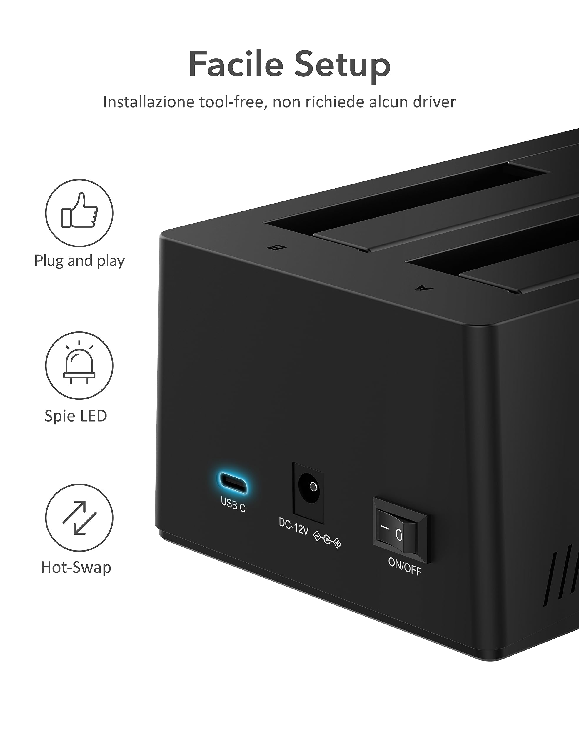SABRENT Docking Station SSD/Hard Disk esterno/HDD 2.5/3.5 pollici, USB C, 2 slot per SSD/HDD, con alimentatore, per SSD SATA fino a 22TB, con funzione Duplicatore/Clonatore di Hard Disk (EC-CH2B)