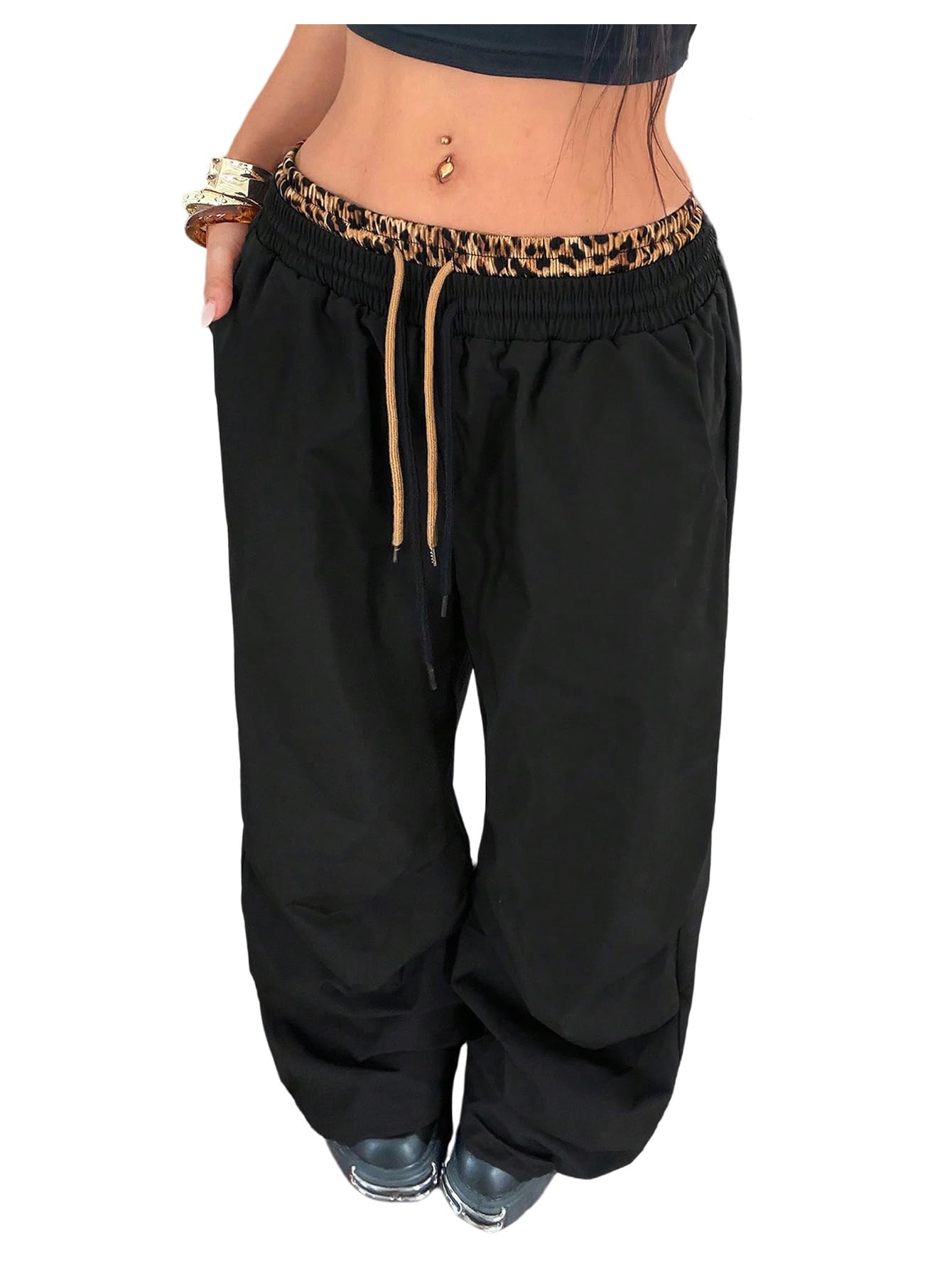 Verdusa Womens Leopard Print Baggy Pants Athletic Wide Leg Trousers with Pockets y2k Clothes