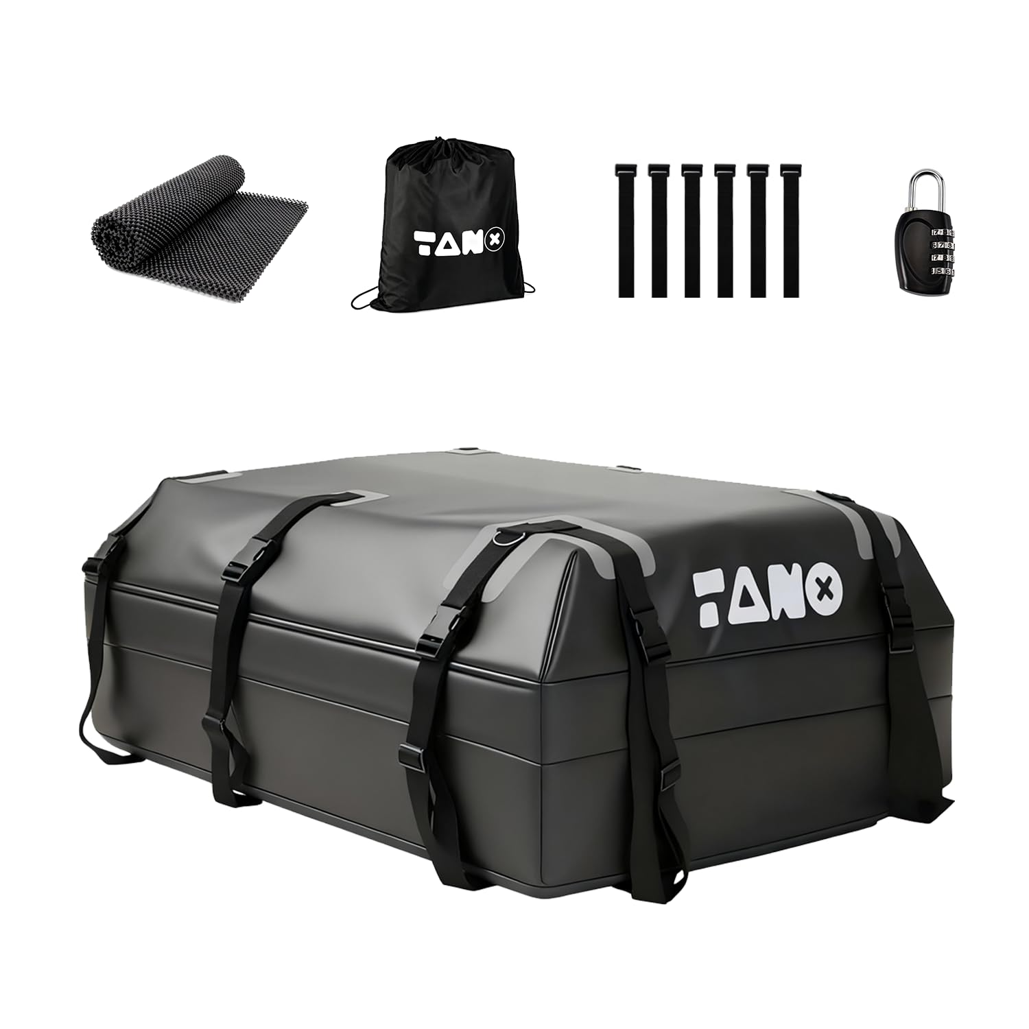TANX Car Roof Bag - 21 Cubic Feet Rooftop Cargo Carrier, 100% Waterproof for All Cars with/Without Roof Rack, Includes Anti-Slip Mat, 12 Reinforced Straps, 6 Door Hooks, Luggage Lock &amp; Storage Bag
