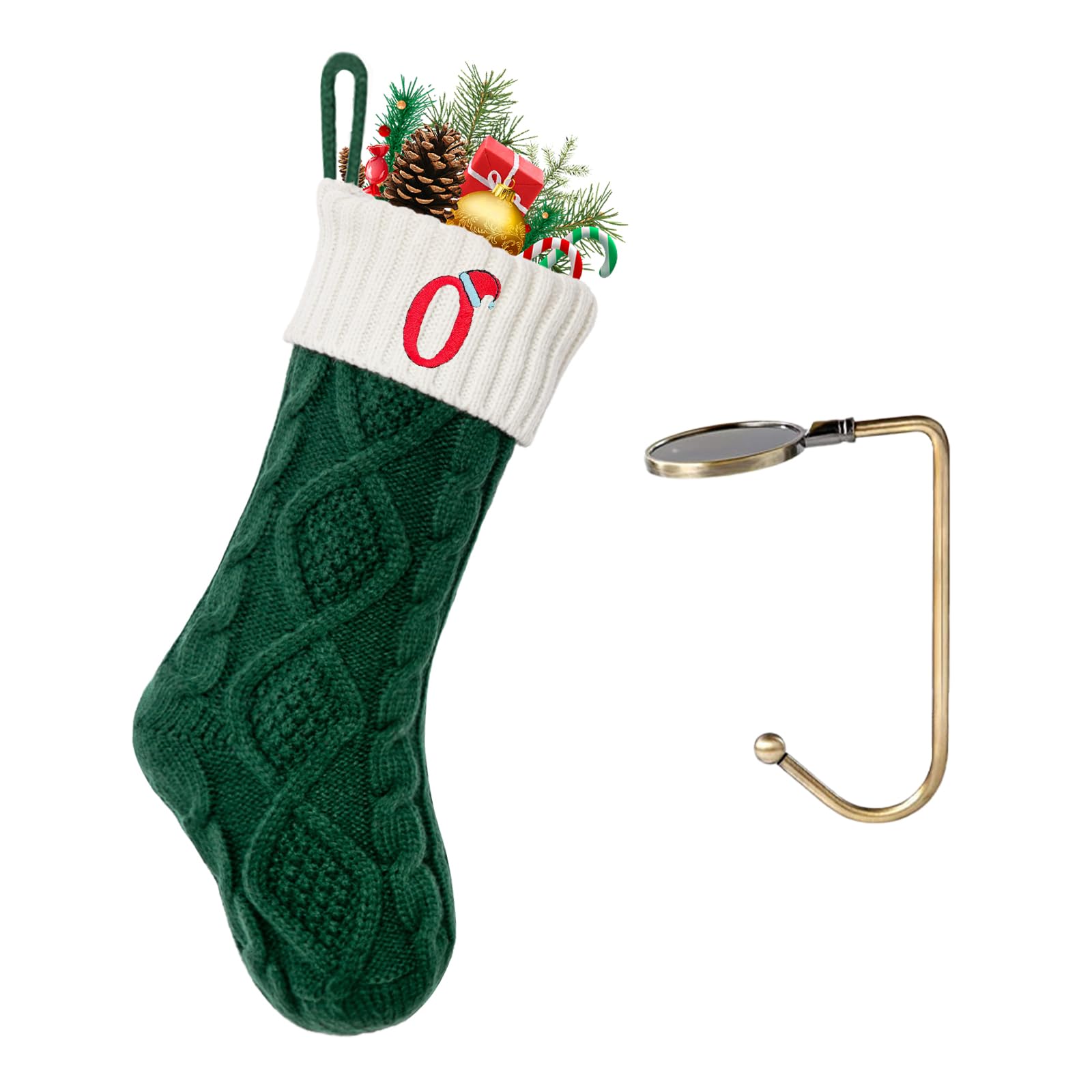 VRFASHION Christmas Stockings with Initials,Embroidered Xmas Stocking,18" Large Monogram Knitted Xmas Stocking,Christmas Party Fireplace Family Hanging Stocking Decoration 1Pcs Green-White Letter O