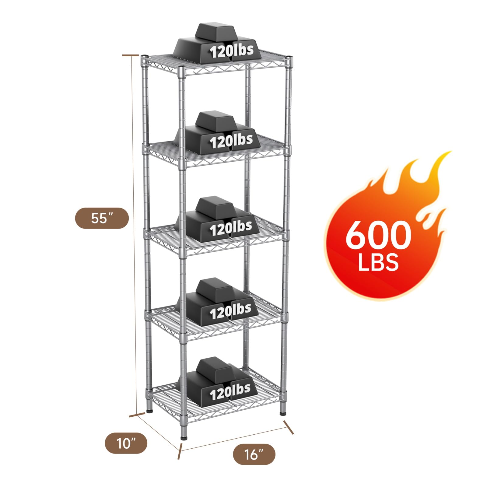 Golpart Scaffalatura in metallo con 5 ripiani per pneumatici, regolabile, per bagno, lavanderia, cucina, dispensa, 25,4 x 40,6 x 140,6 cm, colore: argento