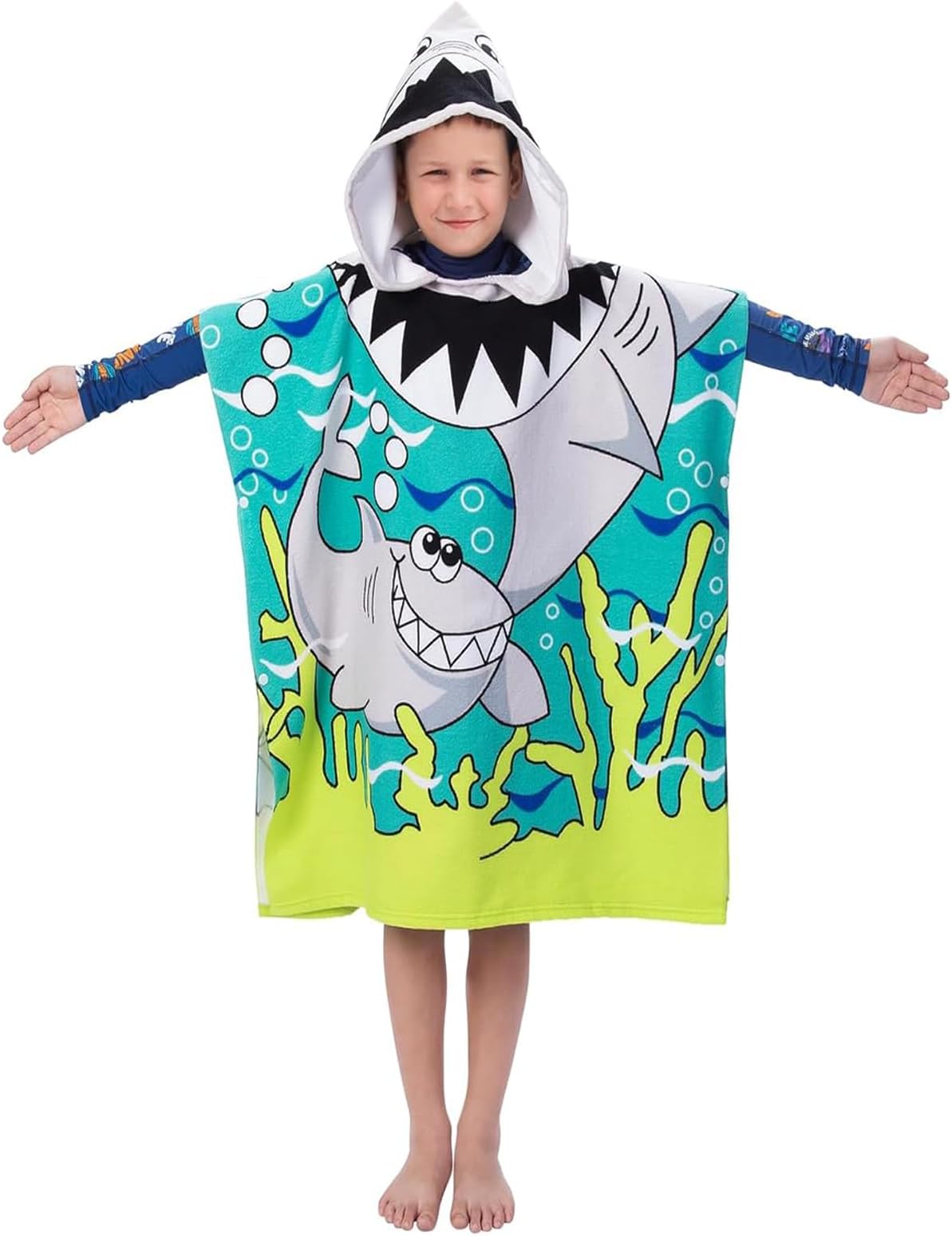U-HOOME Hooded Towel for Age 2 to 7 Year Kids Cotton,Super Absorbent, 24รโ24Inch, Use for Bath/Pool/Beach Times, Shark
