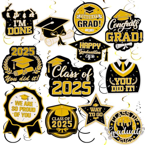 Image of Graduation Hanging Swirls, 30 PCS Graduation Decorations Class of 2025, Black and Gold Graduations Party Decoration Congrats Grad Hanging Swirls Ceiling Streamers for School Graduations Party Supplies