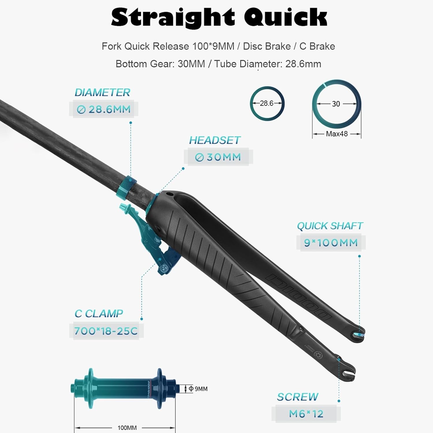 700C Road Bikes Rigid Fork Disc/C Brake Carbon Fiber Fixed Gear Bike Fork 1-1/8 Straight/Tapered Tube Superlight Front Fork QR 9mm/100 * 12mm Thru Axle