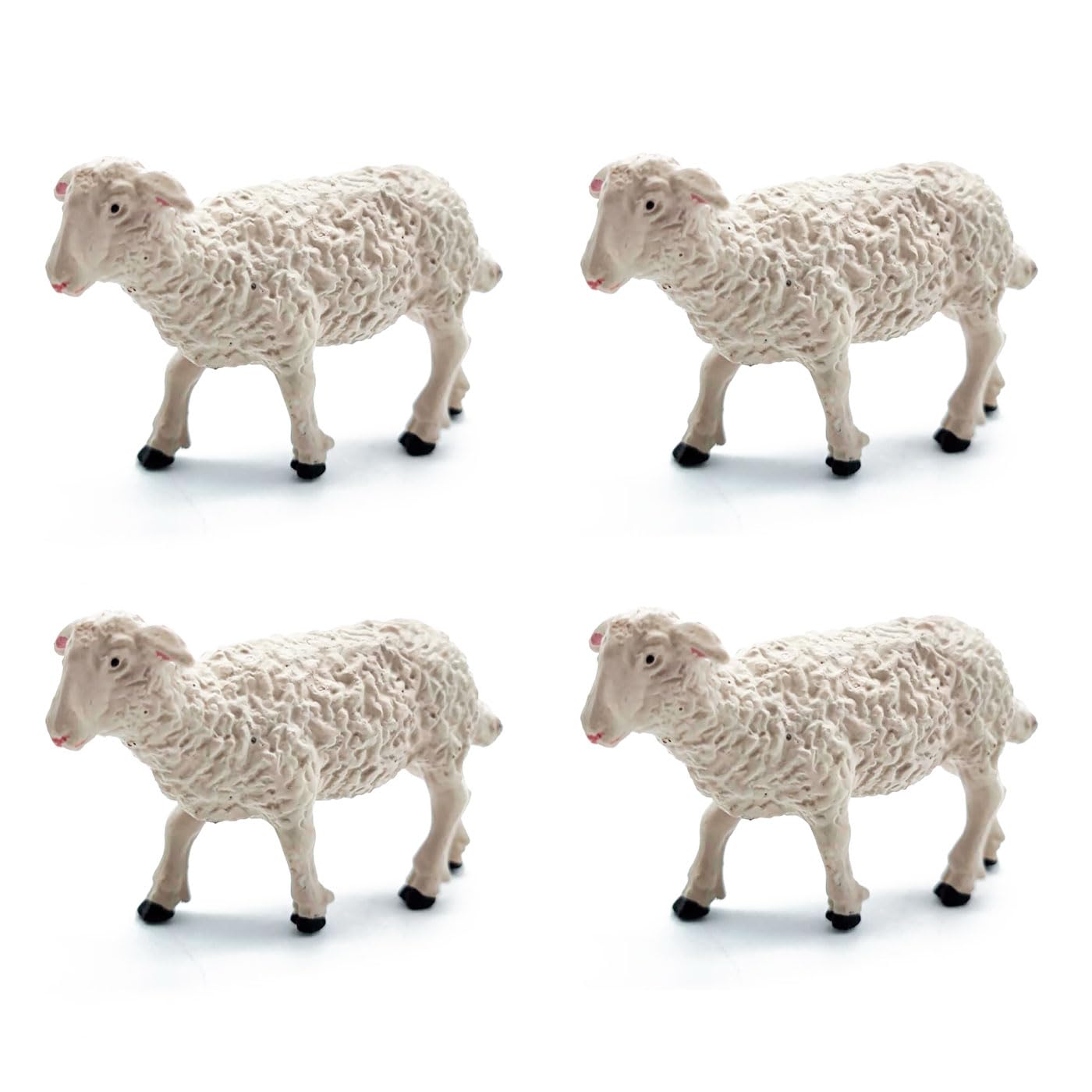 Acan Tradineur - Pack de 4 Figuras de Cordero de Color Blanco para belén - Fabricado en plástico - Figuras Decorativas Divertidas para Nacimiento, Navidad - Modelo Aleatorio - 4 x 1,5 x 7 cm