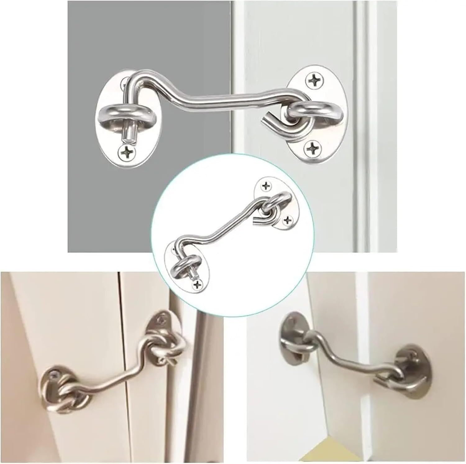 Hook and Eye Latch 6Pcs Door Bolt Stainless Steel Window Sliding Door Latch Cabin Hook and Eye Latch Lock Shed Gate Door Catch Silent Holder(Black-4 inches)