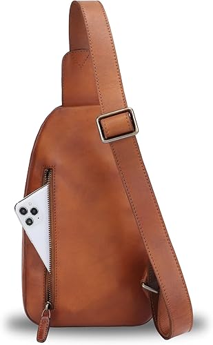 Miniatura 3 de Bolso bandolera de cuero genuino para el pecho, mochila cruzada casual, mochila vintage hecha a mano para senderismo, bolsa de motocicleta (marrón) M