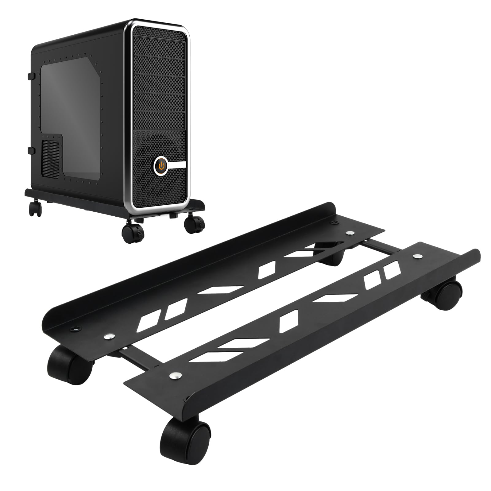 CPU Holder Cart, Supporto da Terra per CPU, Supporto per PC Case con 4 Rotelle Bloccabili Regolabile, Carrello PC per Computer Desktop PC Tower Nero ((49×19.5-25cm))
