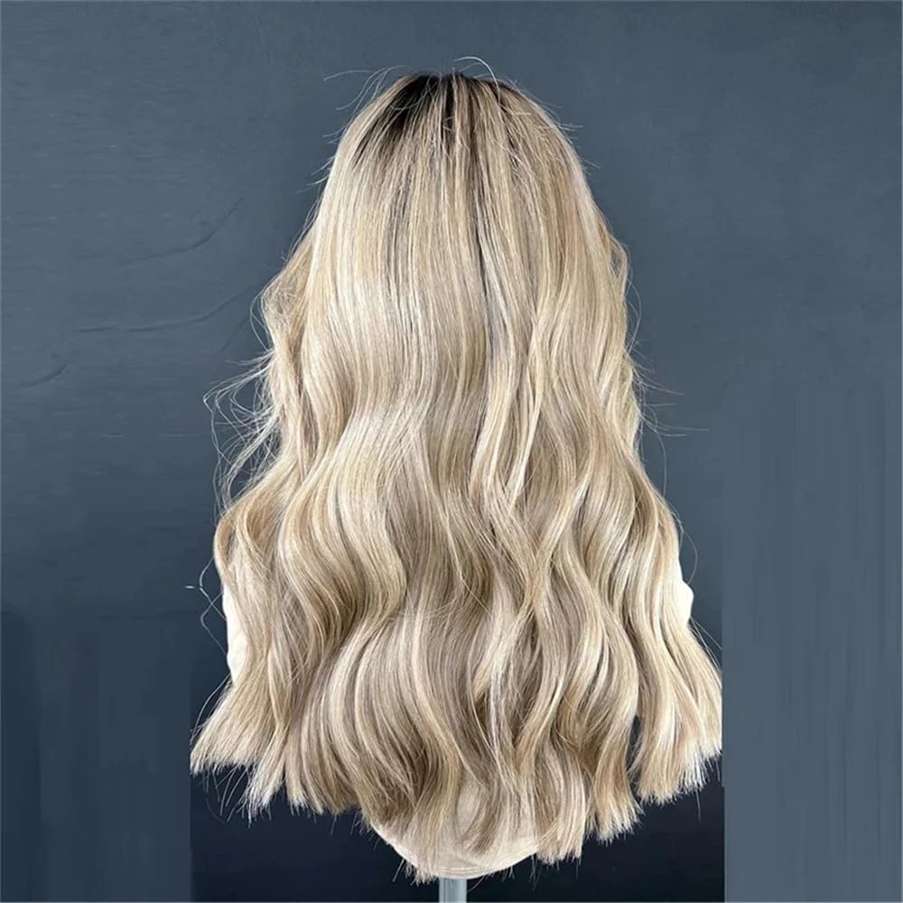 Peruki z koronką falową Peruki z koronką dla kobiet Ombre Ash Honey Blonde Kolorowe peruki bez kleju z grzywką Peruka syntetyczna Peruki z naturalnych włosów syntetycznych(24inches)
