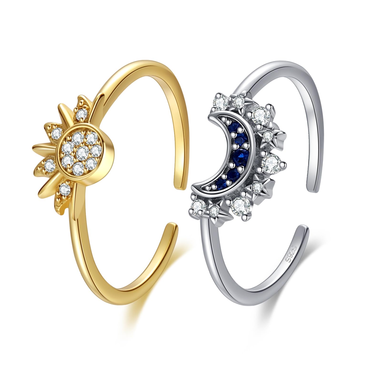 Loomify Anillo Sol y Luna Ajustable, Anillo Plata Esterlina 925 Mujer, Anillo Superpuesto Celestial, Anillos Apilables para Novia Esposa Madre Hija Amigos