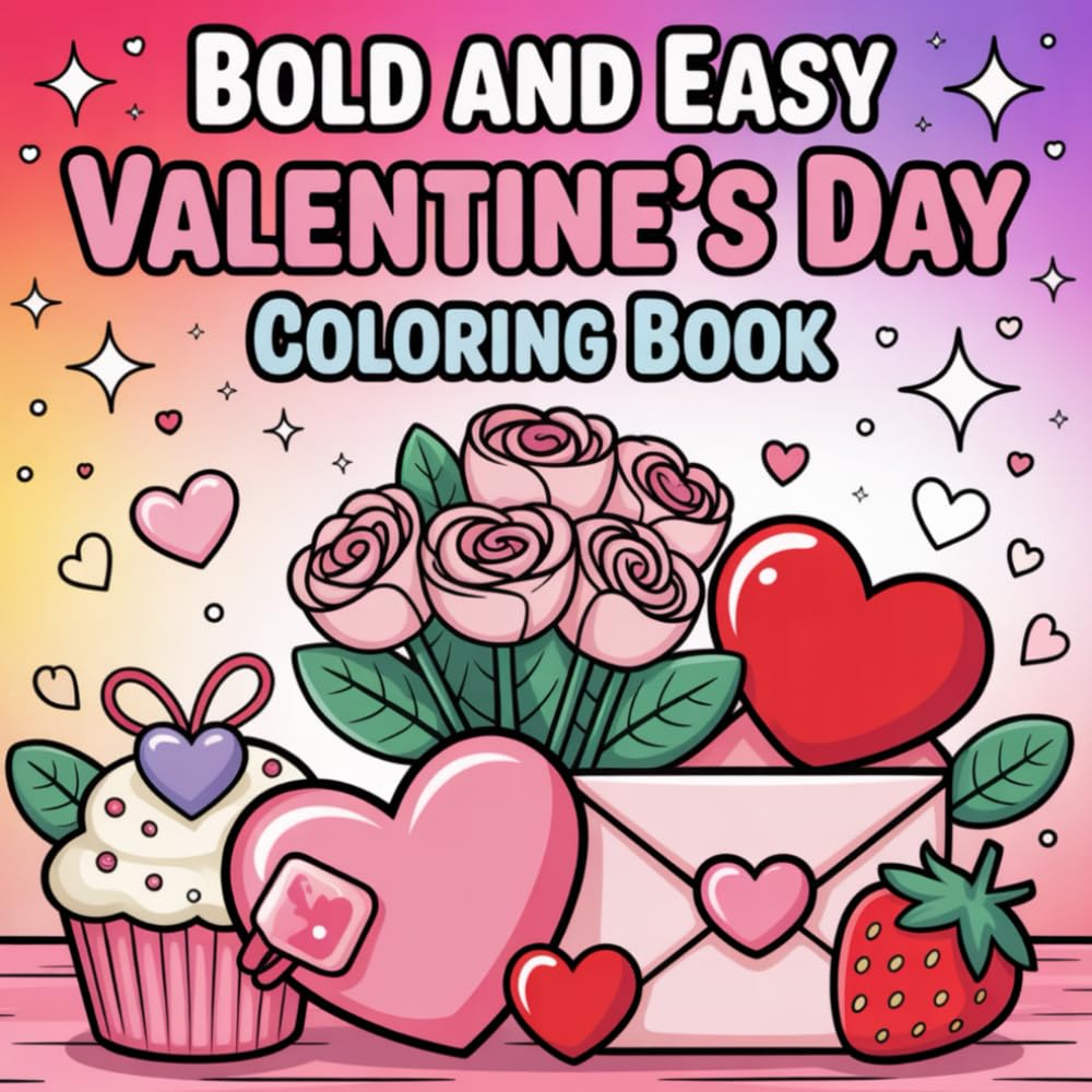 Bold & Easy Valentine's Day Coloring Book Cute and Simple Designs for Kids, Teens & Adults: Over 40 Fun, Stress-Free Pages Featuring Animals, Hearts, Sweets & Love-Themed Designs