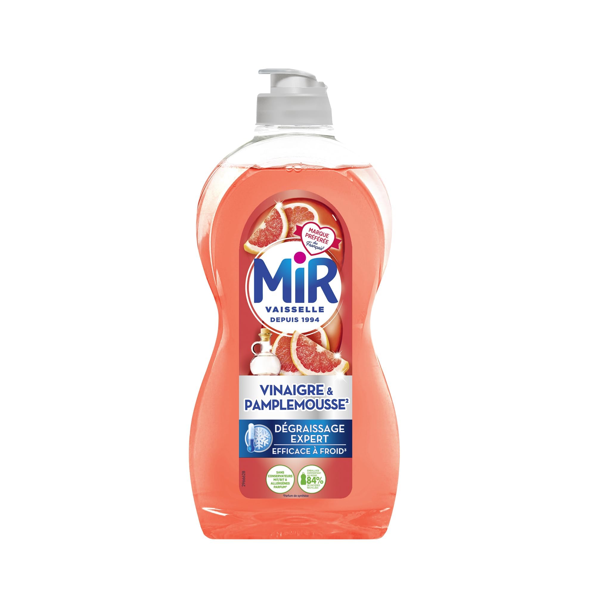 Mir Vaisselle - Liquide Vaisselle Mains - Dégraissage Expert - Pamplemousse et Vinaigre - Dégraissant - Efficace à froid - Sans Conservateurs ni Allergènes Parfum - 450ml - Lot de 16