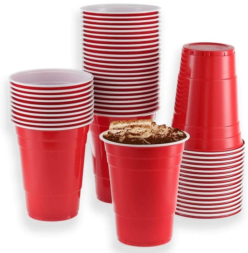 STR Traders Pack of 60 (12oz) Party Cups Red Plastic Cups American Pie Style Cups Red Cups for American Party Game Size Disposable and Reusable Cups for Beverages