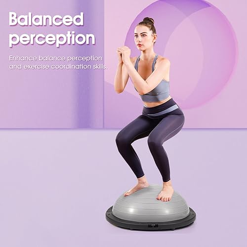 Miniatura 7 de Half Balance Ball Trainer, pelota de estabilidad de 26 pulgadas con bandas de resistencia, pelota de ejercicio con bomba de pie, color gris