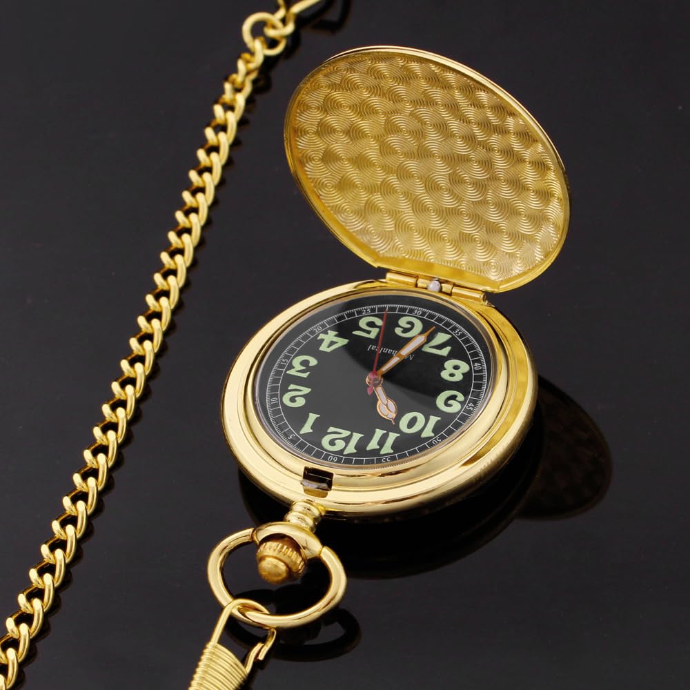 Reloj de bolsillo mecánico con números arábigos luminosos con cadena y caja, el mejor regalo (dorado), dorado-08, Regalo
